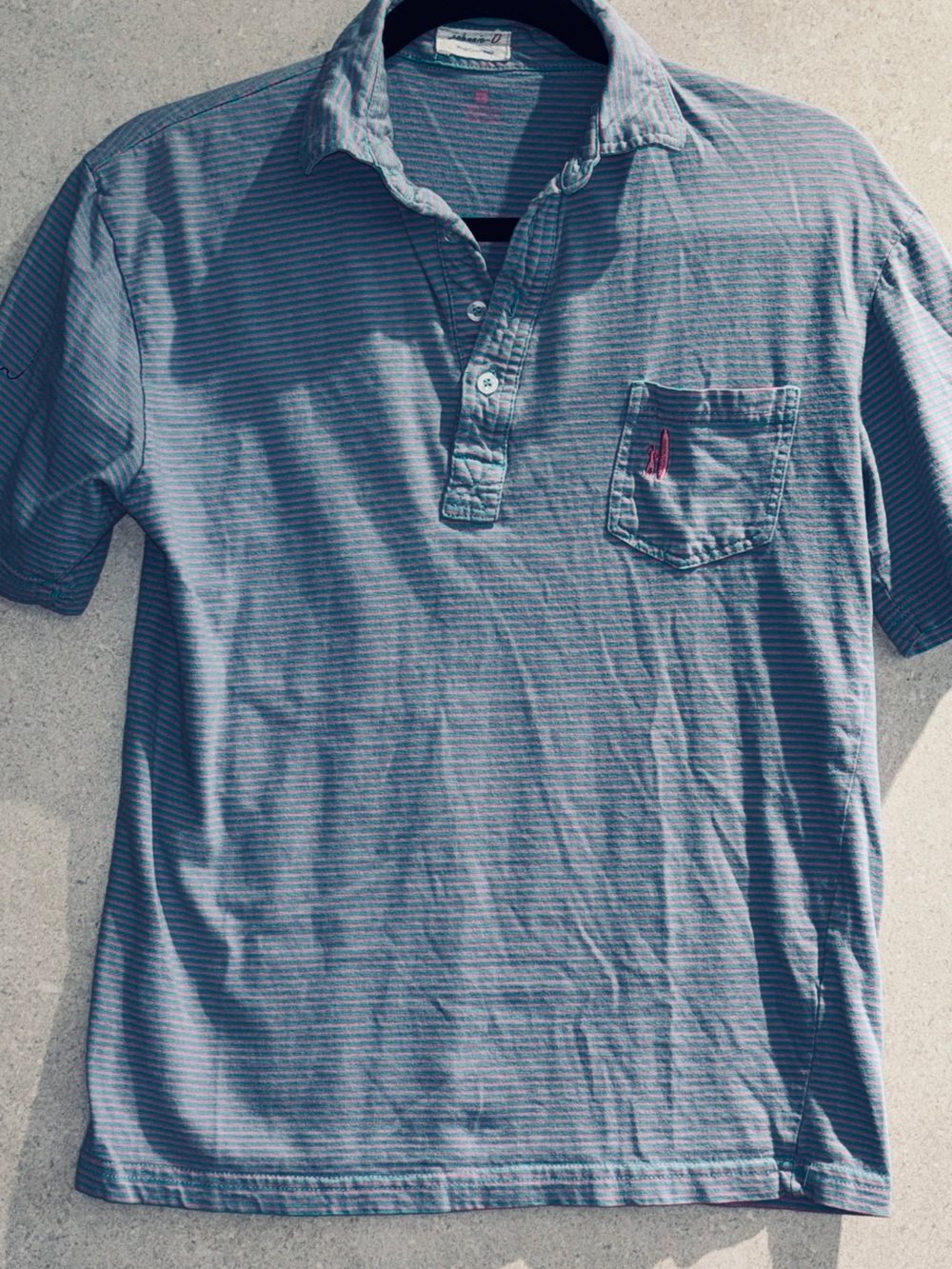 johnnie-O Hangin’ Out Pink Aqua Striped Pocket Polo Surfer Logo - Picture 2 of 4